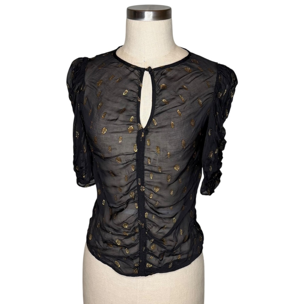 FRAME Fil Coupe Ruched Blouse Women XS Black Gold Good Sheer Keyhole Top